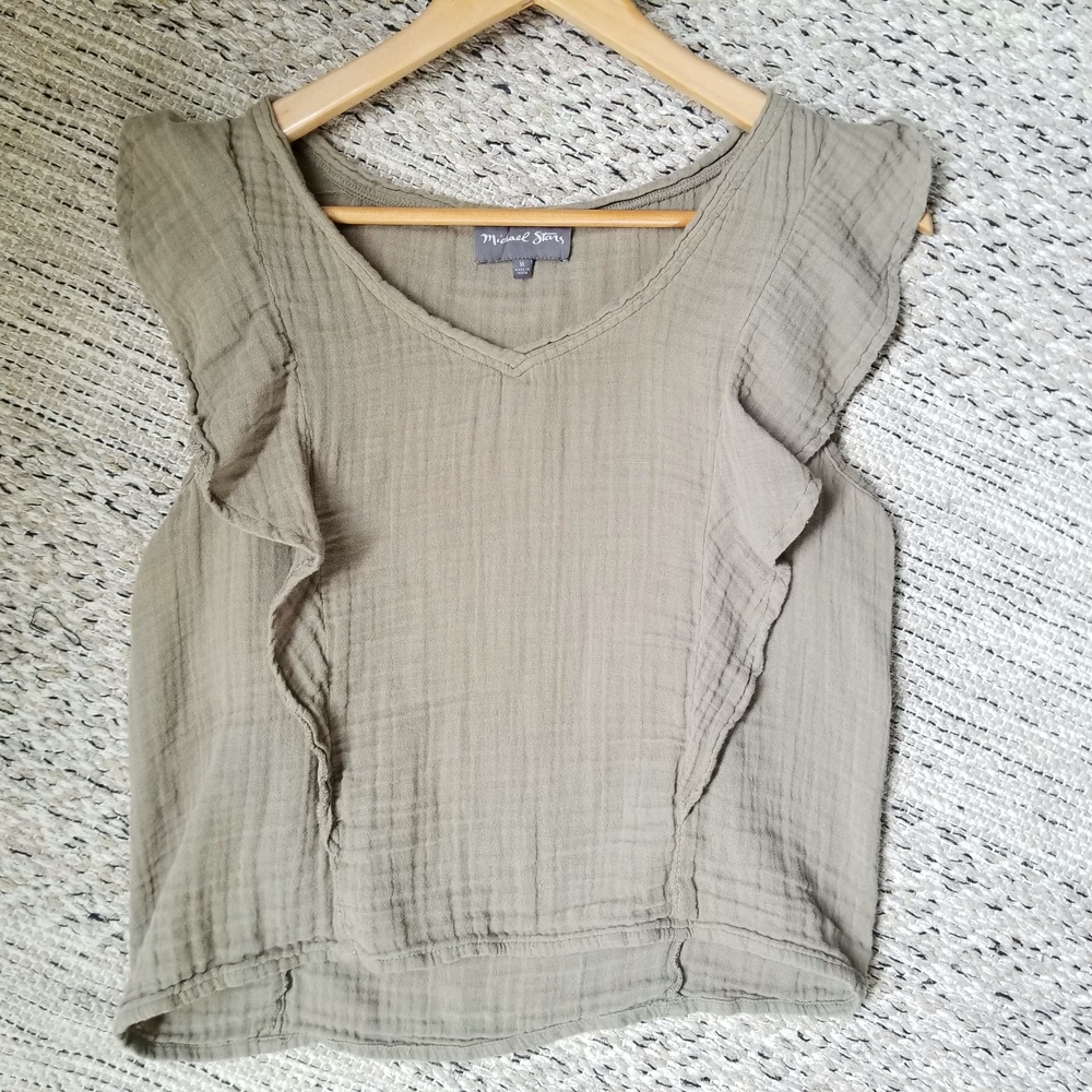 Michael Stars Olive Green Flutter Sleeve Smocked Blouse Size M